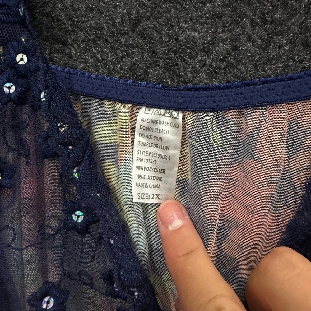 Vintage Floral Mesh Babydoll Chemise Navy Blue Lace Sequin Lingerie 2X
